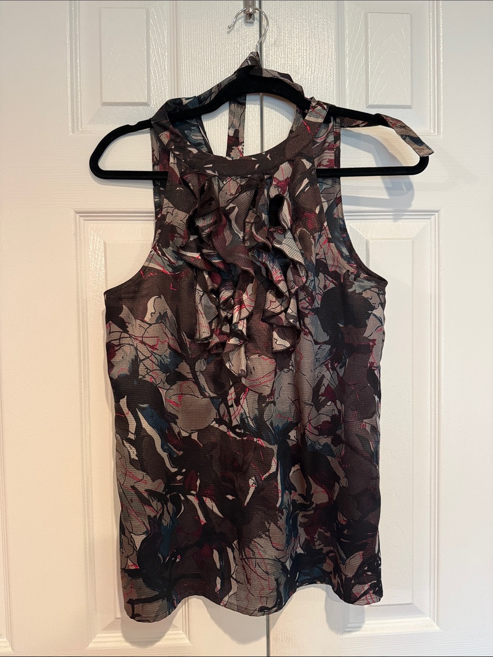 Dressy Sleeveless Ruffle Front Floral Abstract Print Top - Black, Gray, Burgundy